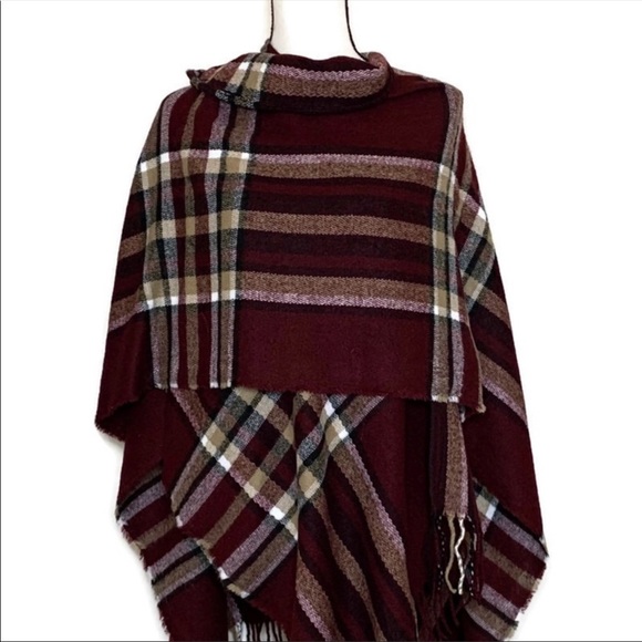 Ruana Burgundy Plaid Wrap Blanket Scarf - Picture 4 of 7